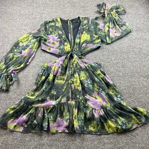 ASOS DESIGN‎ Floral Cutout Waist Tie Front Mini Dress Long Sleeve US 12